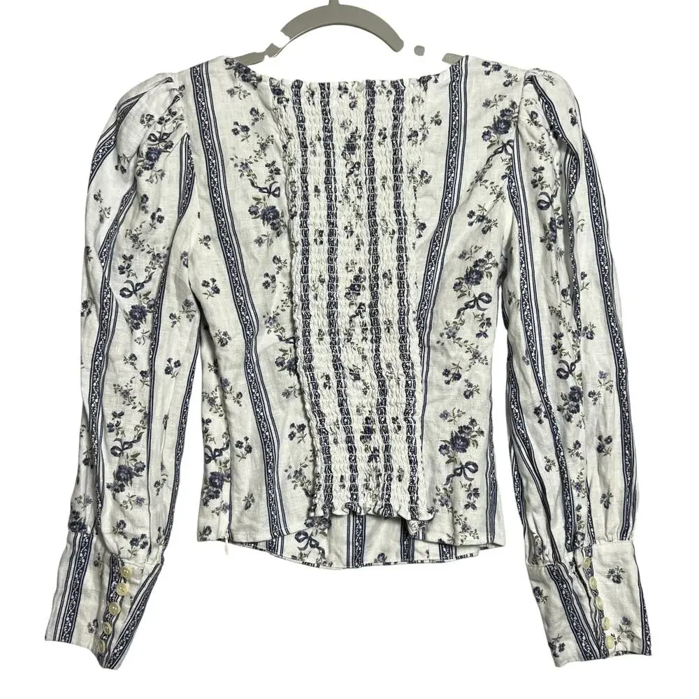 Reformation Linen Smocked Puff Sleeve Top SIZE 2 White Blue Floral